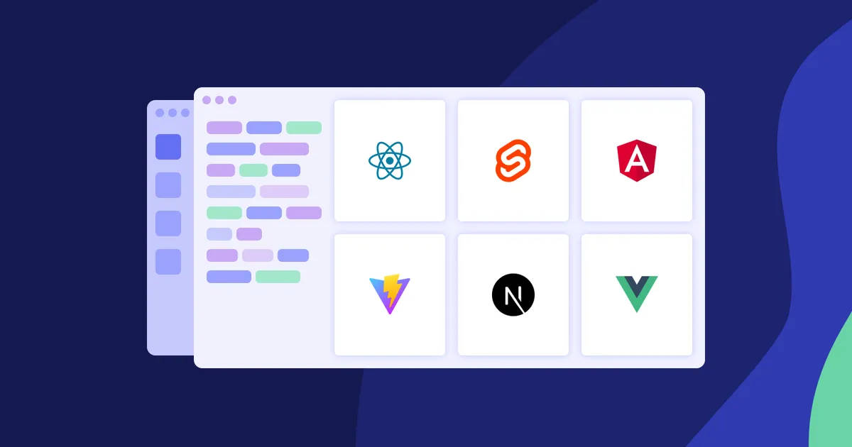 An abstract user interface displaying React, Svelte, Angular, Vite, Next.js, and Vue logos.