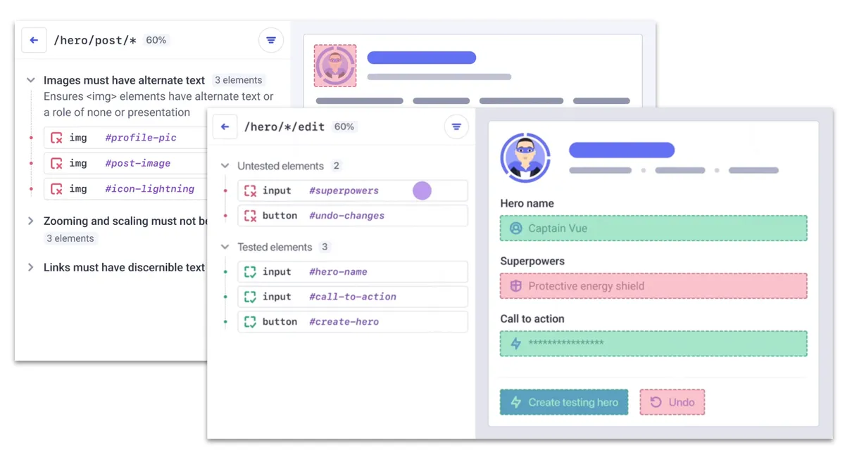 Graphics showing interface patterns related to Cypress Accessibility and UI Coverage