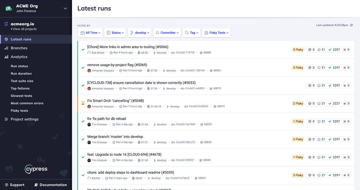 The Cypress Cloud runs list: recent CI runs on the develop branch with their durations, flaky counts, and passed and failed tests, one still running.